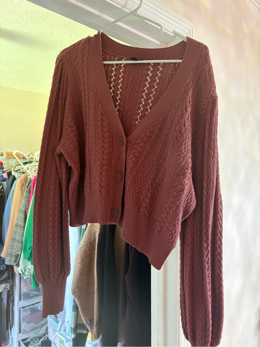 Express Cropped Cable Knit Cardigan Sweater - Brick Red